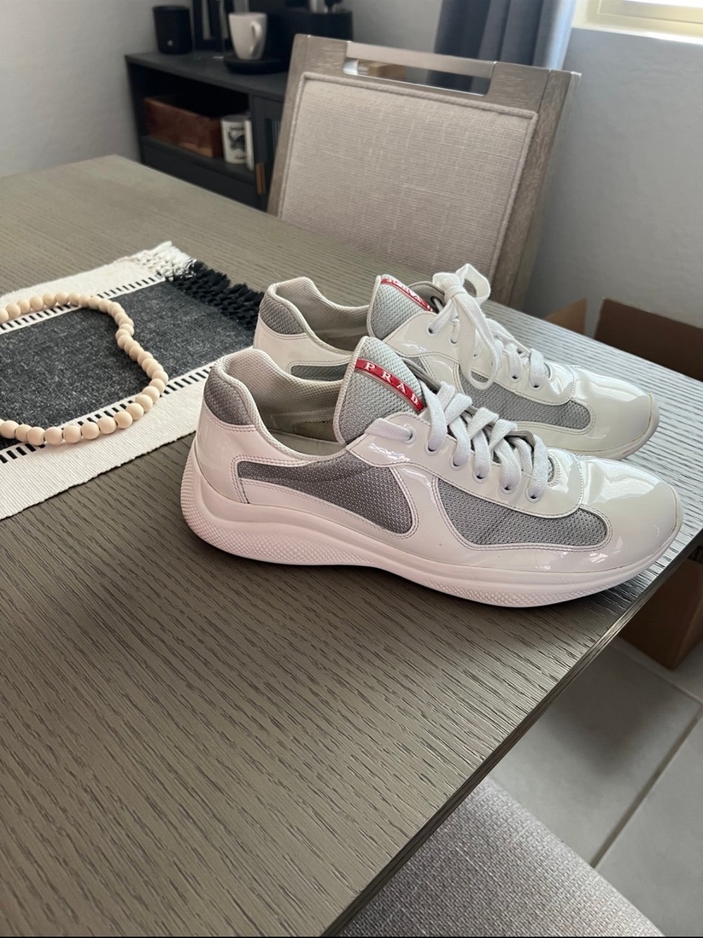 Prada White & Gray Men’s Low-Top Sneakers with Red Logo Tab - Picture 2 of 7
